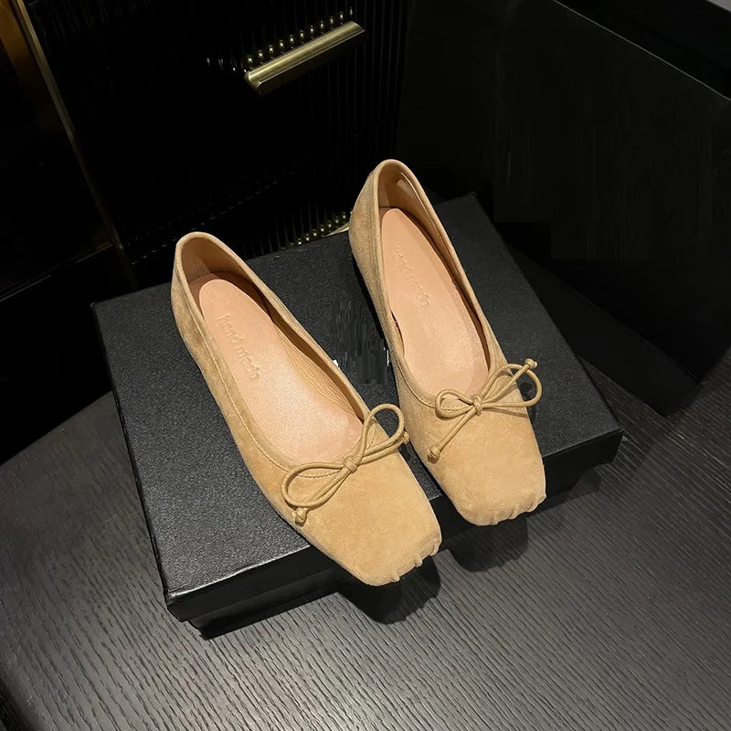 Spring Simple Shoes Woman Square Toe Ballet Flats Real Leather Sheepsuede Elegant Women Flats Basic Style Shoes For Women
