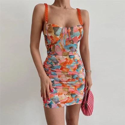 Bustier Corset Abstract Print Chain Strap Ruched Mini Dress