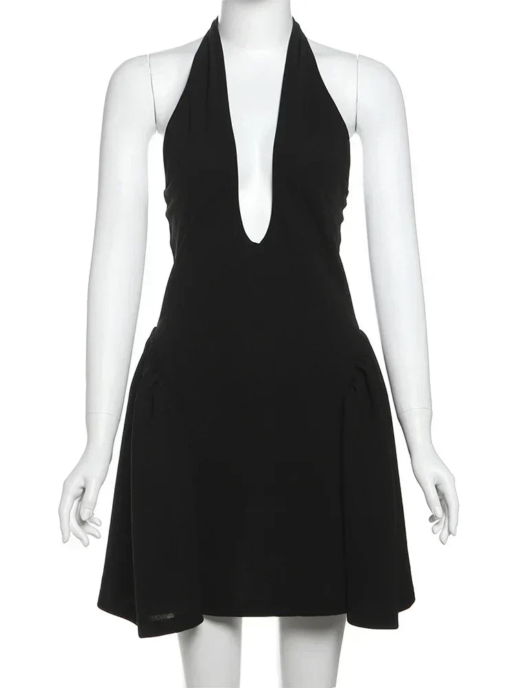 Halter Deep V A Line Skater Mini Dress