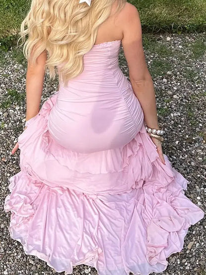 2024 Fashion Layered Ruffles Hem Beaded Long Dress Elegant Sexy Backless Slim Split Dresses Summer Lady Evening Party Vestidos