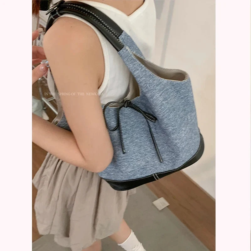 Korean Denim Canvas Bag for Women's Summer Fashion Underarm Large Capacity Shoulder Tote Bags