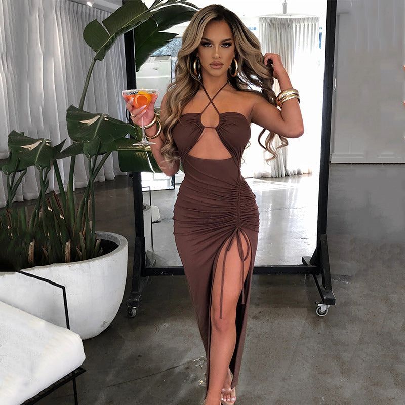 Halter Cross Front Ruched Midriff Cutout Thigh Slit Bodycon Maxi Dress