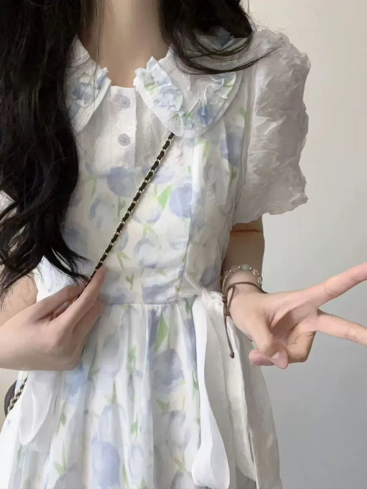 Japanese Sweet Fresh Tulip Floral Doll Collar Dress Women New Summer Kawaii Slim Fit Waist A-Line Dress Gentle Style Clothing