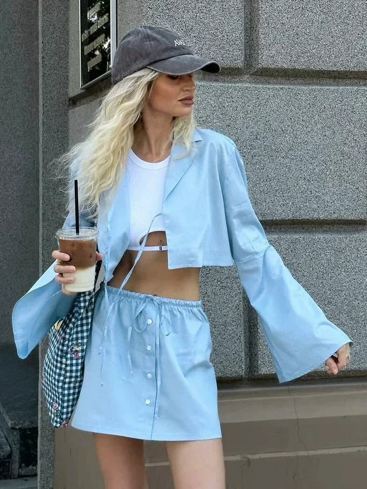 Light Blue Skirt Set Women Summer 2 Pcs Outfits Summer Spring Bowknot Buttons Female Set 2024 Flare Sleeve Top Skirt Set