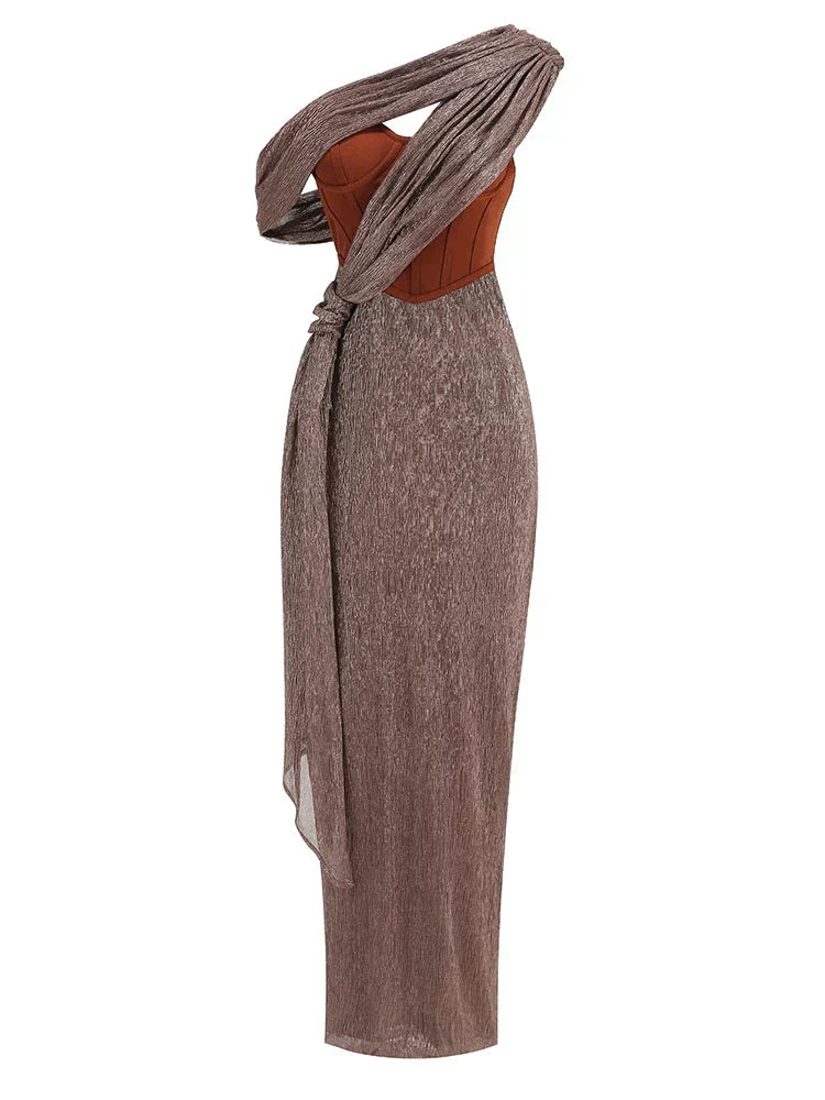 One Shoulder Draped Glitter Corset Maxi Gown