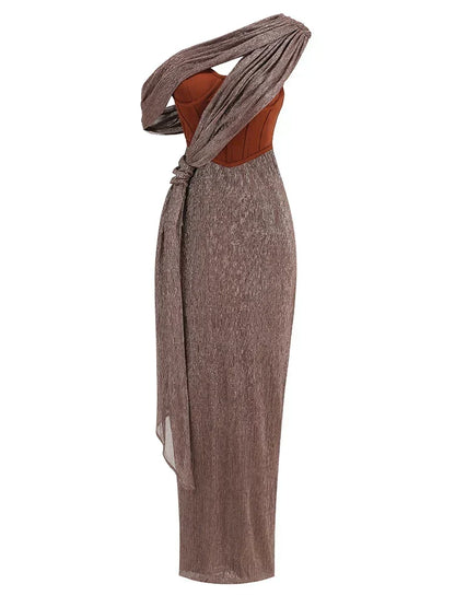 One Shoulder Draped Glitter Corset Maxi Gown