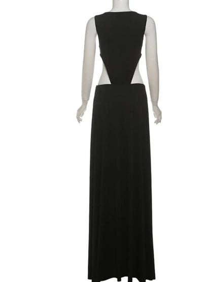 Sexy 2 Pieces Clothing Set Women Black O Neck Sleeveless Slim Bodysuit and High Slit Irregular Long Skirt Suit Y2K Outfits