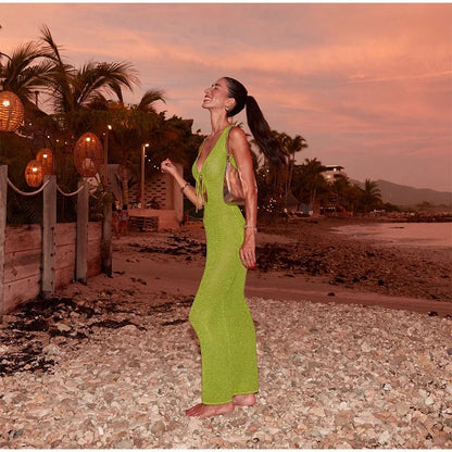 Beach Hollow Out Knit Long Dress Women Slim Sleeveless Lace Up V-neck Bodycon Dresses Female 2025 Summer Party Solid Robes