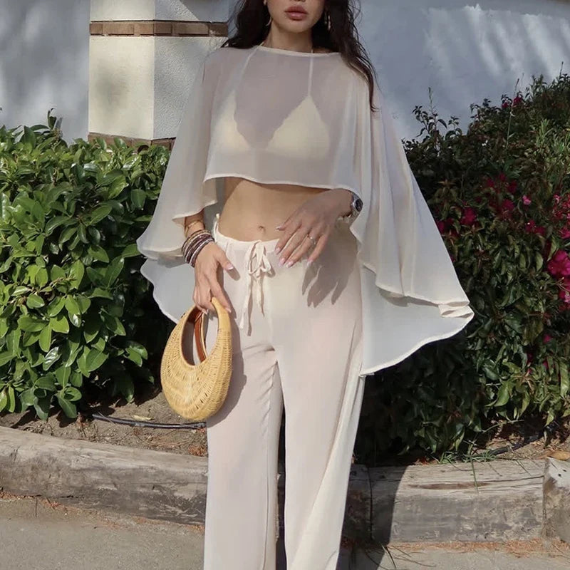 Elegant Solid Perspective Loose Suit Casual Chiffon Shirt Travel Vacation Outfit Fashion Irregular Cape Style Top+Pants 2pc Set