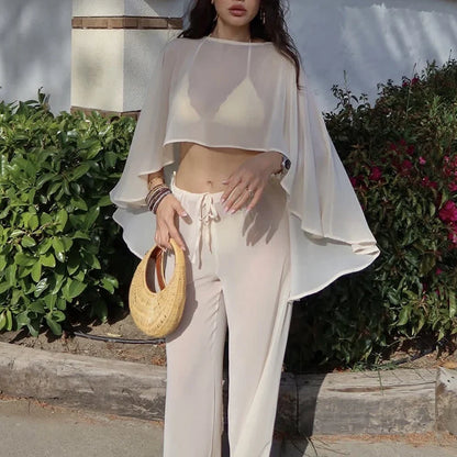 Elegant Solid Perspective Loose Suit Casual Chiffon Shirt Travel Vacation Outfit Fashion Irregular Cape Style Top+Pants 2pc Set