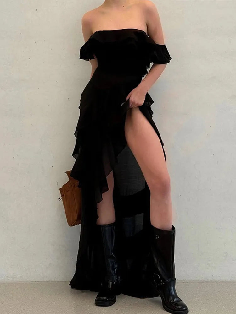Chic Ruffle Backless Dress Women Slash Neck Sleeveless Lace Up Irregular Hem Floor-length Dresses Female 2025 Spring Lady Robe