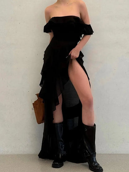 Chic Ruffle Backless Dress Women Slash Neck Sleeveless Lace Up Irregular Hem Floor-length Dresses Female 2025 Spring Lady Robe