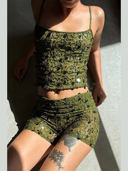 Sexy Sequins See Through Tank Top Shorts Sets Women Sleeveless Backless Vest Mini Shorts Suits Vacation Party 2025 New Outfits