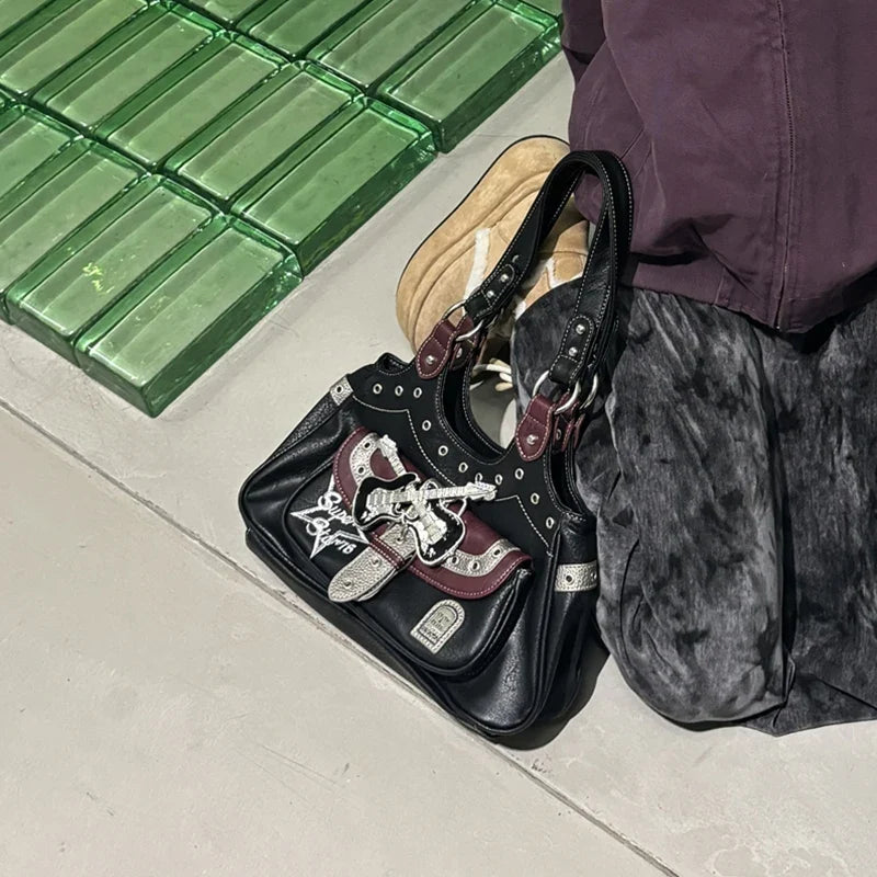 Cool Y2k Girls Underarm Bags Fashion Pu Leather Women's shoulder Bag Punk Metal Guitar Decorate Shoulder Crossbody bags