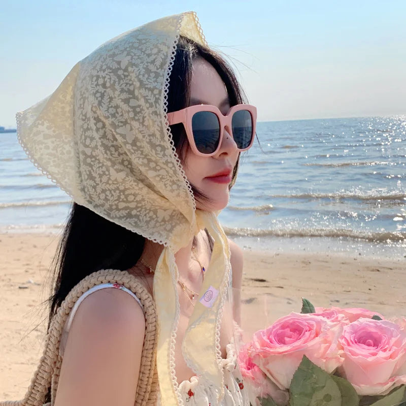 French Girl Latest White Black Sheer Lace Triangle Scarf Floral Face Veil Wedding Party Shawls Headband Headscarf Accessories