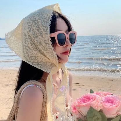 French Girl Latest White Black Sheer Lace Triangle Scarf Floral Face Veil Wedding Party Shawls Headband Headscarf Accessories