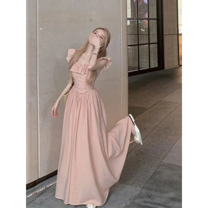 Sweet Gentle Square Neck Dress Summer New Temperament Waist-sharp Mid-length Dress