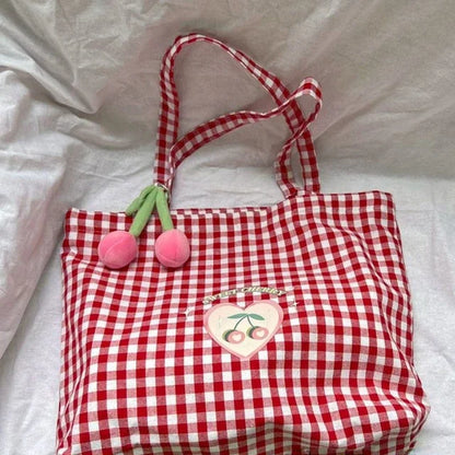 All Match Vintage Sweet Cute Plaid Tote Bags Fashion Casual Preppy Handbag Y2k Canvas Women Shoulder Underarm Bag High-capacity