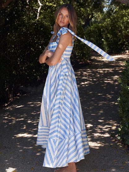 Fashion Stripe Printing Bow Lace Up Bow Sling Dress Women Elegant Sleeveless Backless Long Dresses 2024 New Lady Beach Vestidos
