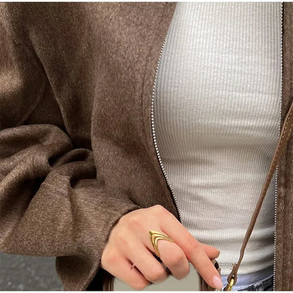 Vintage Solid Lapel Short Jacket Women Loose Long Sleeve Zipper Crop Coats Autumn New Lady Casual High Street Outwears