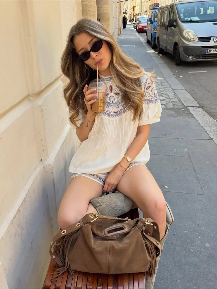 Floral Embroidered 2 Piece Short Sleeve Loose Top High Waist Summer Bohemian Beach Vacation Resort Loungewear Co-ord Set