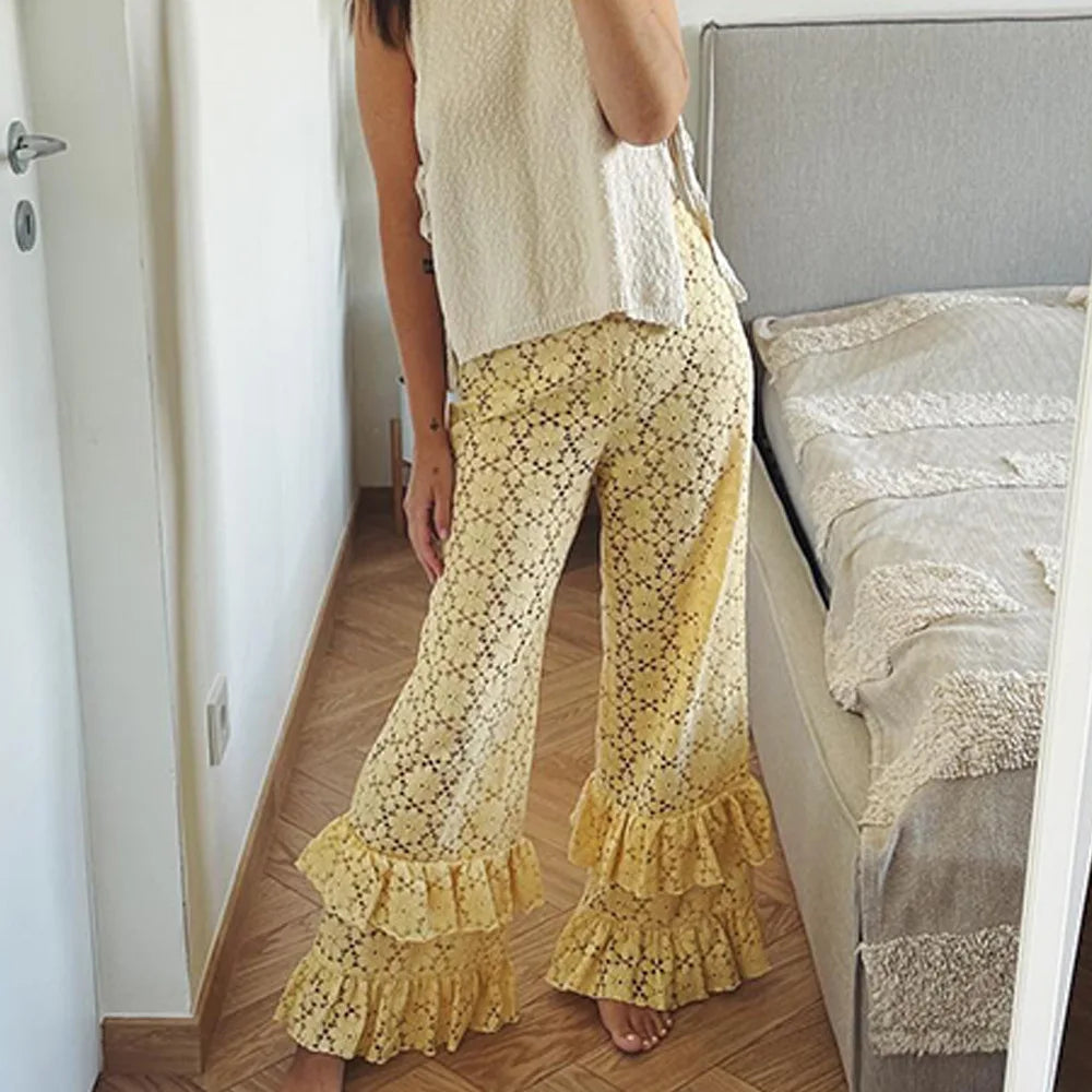 autumn and winter fashion sexy lace see-through trousers new style spliced ruffled versatile straight pants