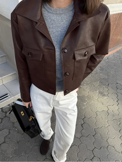 Elegant Brown Leather Cropped Jacket Women Fashion Laple Single Breasted Long Sleeves Coats Autumn Lady High Street Outwears
