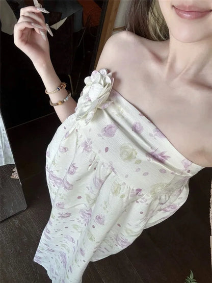 New Summer Holiday Beach Fashion Flower Dress Strapless Women Slash Neck Long Dress Floral Print Sleeveless Resort Seaside Dress