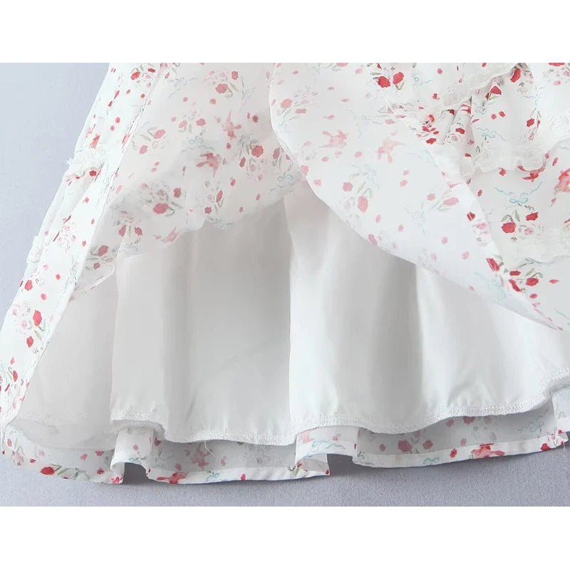 Sweet Girl French Style Floral Print Sleeveless Dress Women Lace Spliced A-line Summer Mini Dress Holiday Robe Vestidos