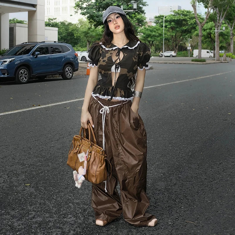 Women's Streetwear Pants Influencer Loose Casual Pleated Waist Hanging Rope Decoration Windproof Pocket Long Trousers Pants