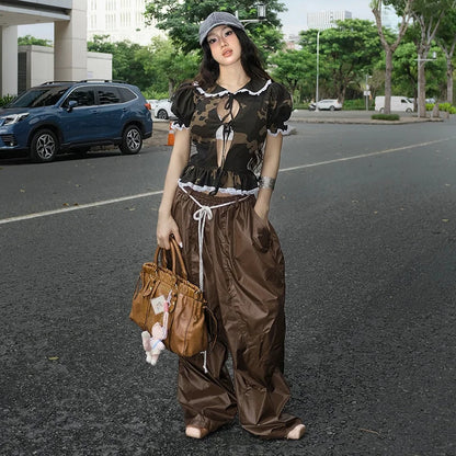 Women's Streetwear Pants Influencer Loose Casual Pleated Waist Hanging Rope Decoration Windproof Pocket Long Trousers Pants