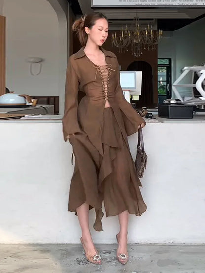 Lace Up V-Neck Shirt Ruffle Skirt Women Set Strings Lapel Sexy Waist Cinched Slimming Blouse Top Irregular Long Skirts Suit New