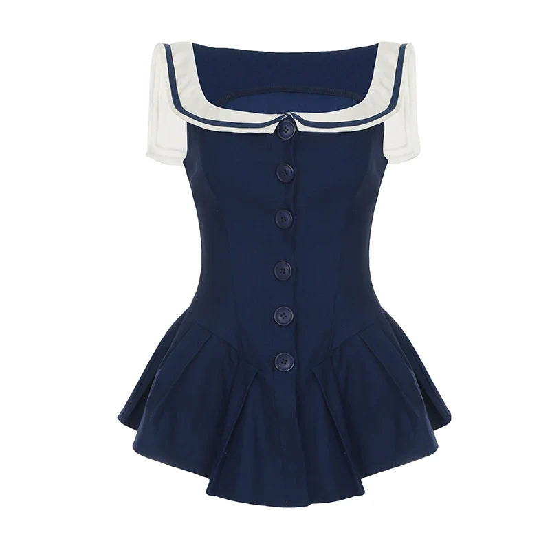 Sailor Collar Single-breasted A-Line Top Preppy Style Women's Pleated Sleeveless Tops Barbiecore Sleeveless T-shirt Y2K