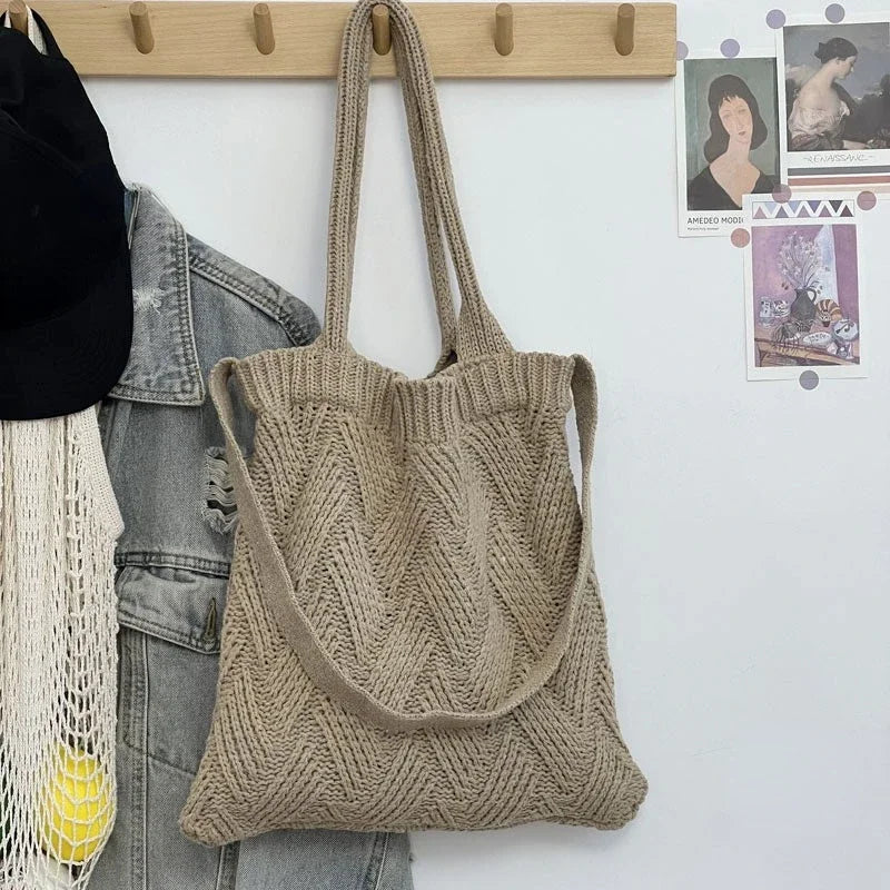 Grunge Vintage Knitted Solid Shoulder Bag Simple All Match Y2k Aesthetic Tote Japanese Cute High-capacity Crossbody Handbags