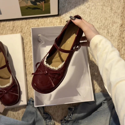 Spring Butterfly-knot Women Mary Jane Shoes Ladies Shallow Buckle Strap Shoes Eelgant Thick Heel Dress Leather Shoes