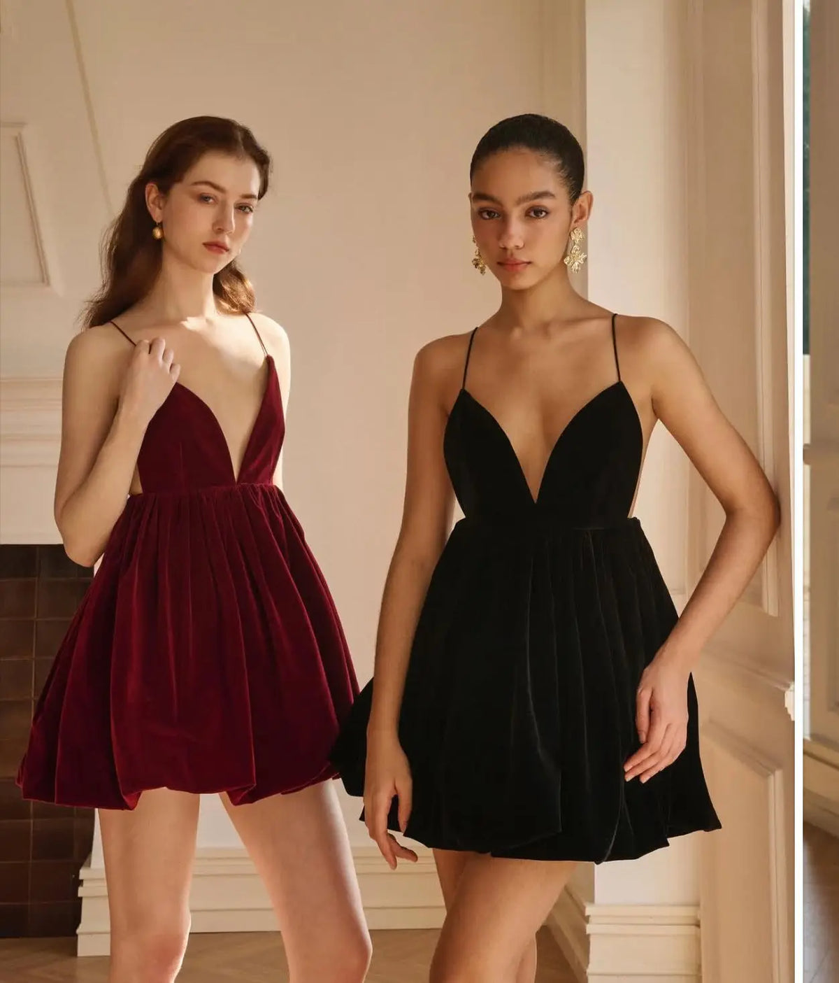 Spaghetti Strap Deep V Neck Gathered Velvet Babydoll Mini Dress