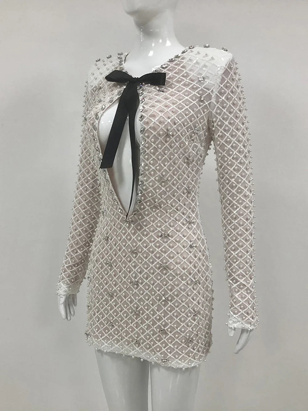 Padded Shoulder Pearl Crystal Mesh Plunge V Neck Mini Dress