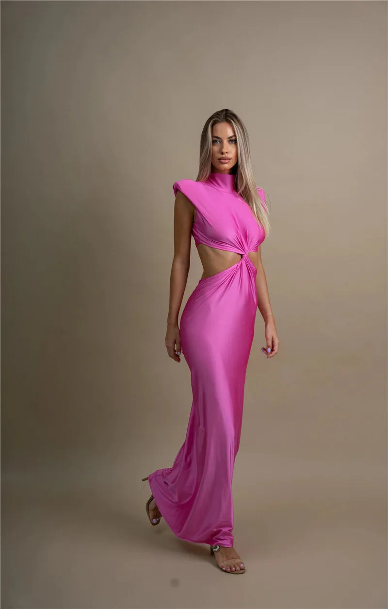 Mock Neck Structured Shoulder Waist Cutout Satin Maxi Gown