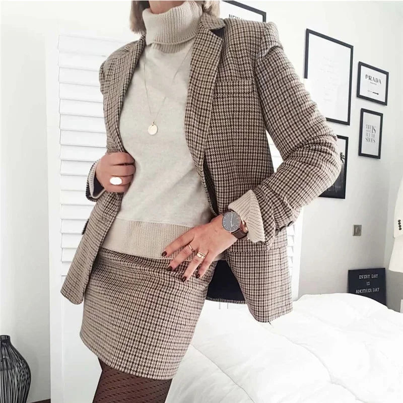 Spring New Ladies Retro Plaid Single Breasted Suit Jacket Sexy High Waist Bag Hip Short Skirt Fashion Casual Women's Suit