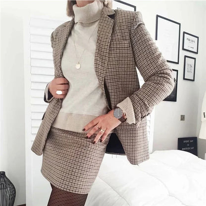 Spring New Ladies Retro Plaid Single Breasted Suit Jacket Sexy High Waist Bag Hip Short Skirt Fashion Casual Women's Suit