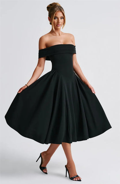 Off-Shoulder Folded Band Box Pleat Flare Midi Dress