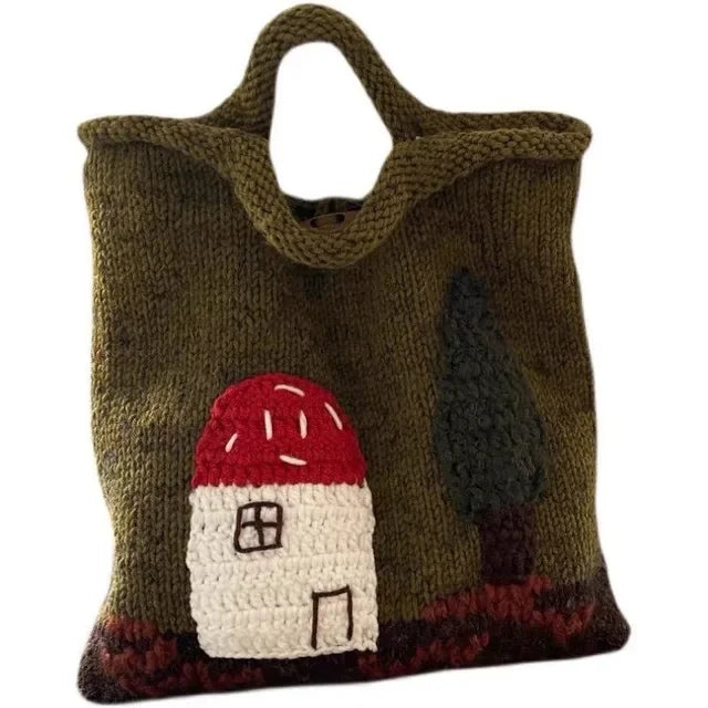 Cartoon Knitted Kawaii Girls Top-Handle Bags Japanese Sweet Y2k Aesthetic Vintage Handbags All Match Women Casual Cute Purses