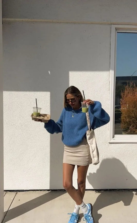 Autumn Women Loose Solid Long Sleeve Sweater Fashion O Neck Blue Knitted Pullover 2024 New Elegant Female Warm Streetwear