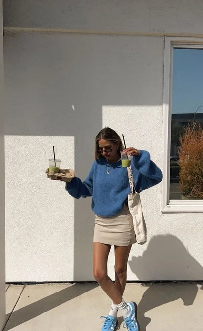 Autumn Women Loose Solid Long Sleeve Sweater Fashion O Neck Blue Knitted Pullover 2024 New Elegant Female Warm Streetwear