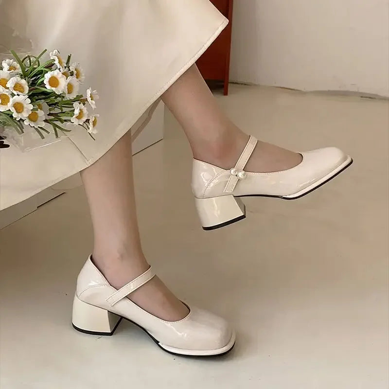 Pearl Square Toe Beige Women's Shoes Mary Jane With Medium Heels Chunky Luxury Leather Casual Japanese Style Lolita Gothic E 39