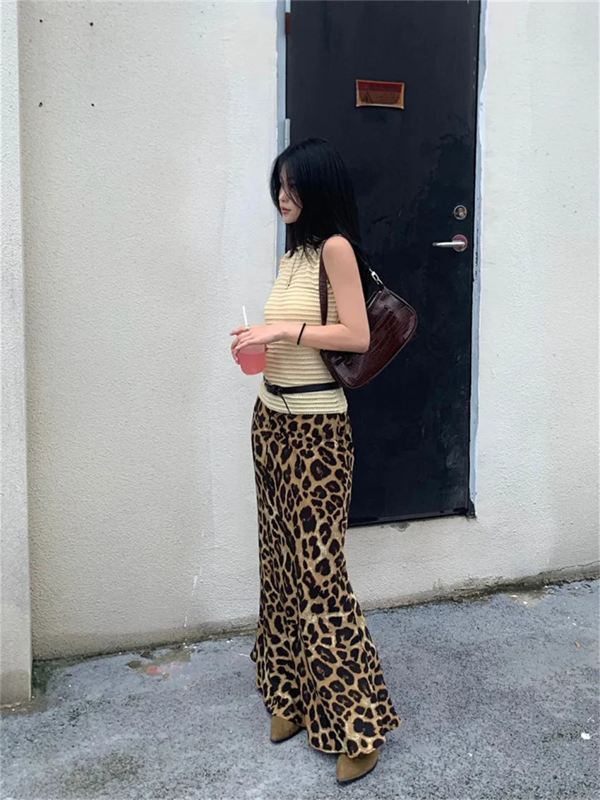 Retro Mopping Skirts Women Loose Slim New Leopard Chic Casual Elegant High Waist Office Lady Daily Streetwear