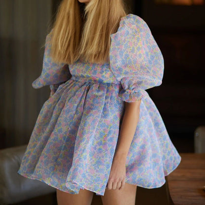 Ditsy Floral Square Neck Puff Sleeve Babydoll Mini Dress