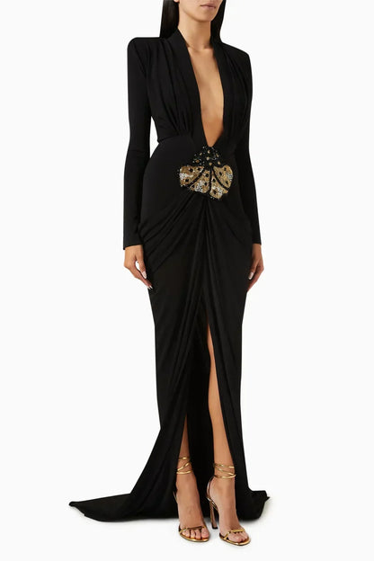 Deep V-Neck Padded Shoulder Butterfly Applique Draped Maxi Gown