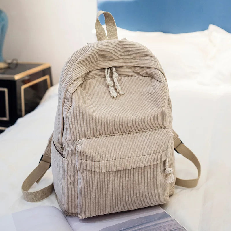 Beige School Backpack For Teenage Girls Pink Soft Fabric Backpack Female Striped Backpack For Women School Bag