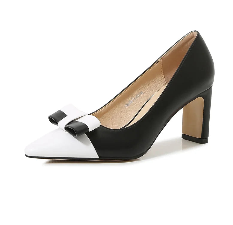 Women Newest Sweet Black And White Thick High Heels Shoes Pumps Big Bow Stilettos Pointy Toe Slip-On 35-46 28cm 7.5cm Chaussures
